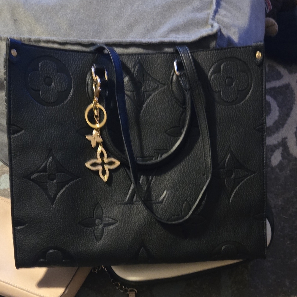 Black Embossed Monogram Tote with Gold Charm